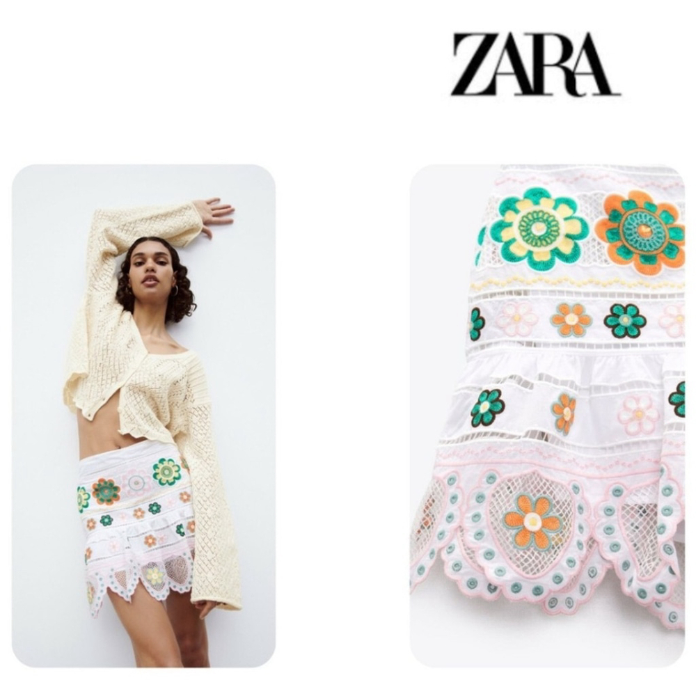 ZARA WHITE SCALLOPED MINI SKORT WITH MULTICOLOUR FLORAL EMBROIDERED XS